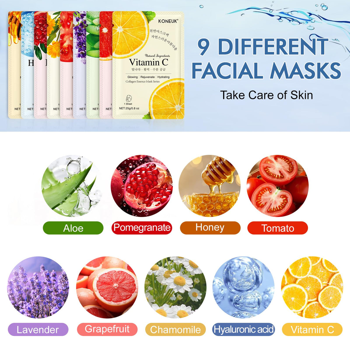 9 Pack Collagen Face Masks Skincare for Women, Hydrating Sheet Face Masks KONEUK