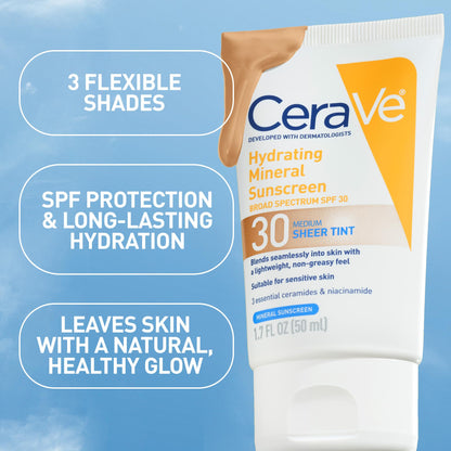 CeraVe Tinted Sunscreen for Face, Mineral SPF 30 Moisturizer, Medium, 1.7oz CeraVe