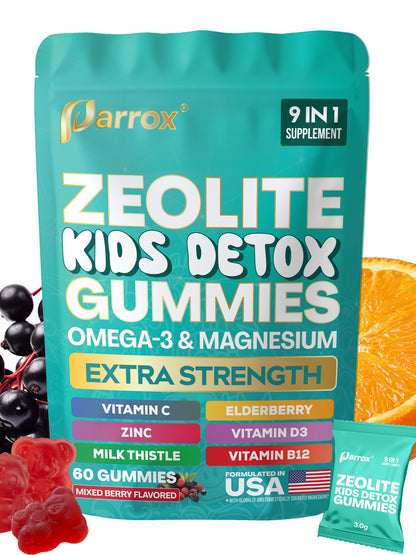 Parrox Zeolite Kids Gummies, 9-in-1 with Zeolite, Omega-3, Magnesium, Elderberry, Vitamin C, Milk Thistle, Vitamin D3, Zinc, B12 – Sugar-Free Parrox