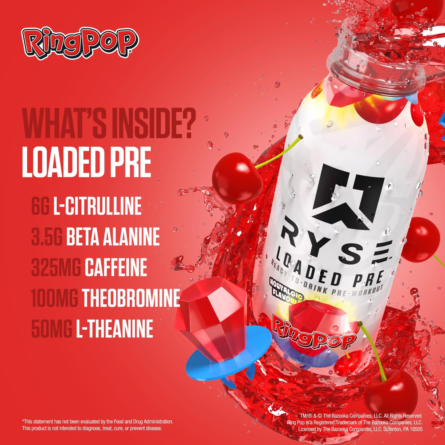 RYSE Loaded Pre Workout Drink - Ring Pop Cherry - Sugar-Free, Ready to Drink Energy Supplement with 325mg Caffeine, Citrulline & Beta Alanine for Focus & Pump - 12 fl oz Bottles (Pack of 12)