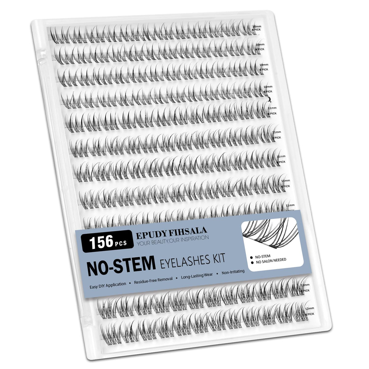 No-Stem Lash Clusters No Band 10-12mm Short Eyelash Clusters 156pcs Clear Invisible Band No-Glue DIY Eyelashes, EPUDY FIHSALA Natural Soft Wispy C-Curl Individual Eyelash Extensions with Tweezers EPUDY FIHSALA