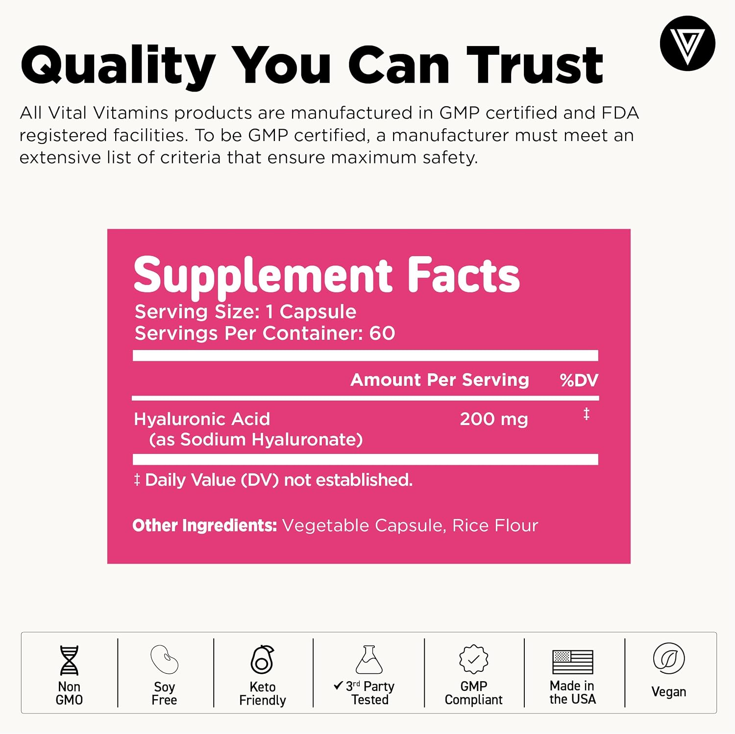 Vital Vitamins Hyaluronic Acid Supplements, 60 Capsules | 200mg Low Molecular Weight HA, Supports Skin Hydration, Elasticity & Joint Comfort, Vegan & Non-GMO Gsupps Australia