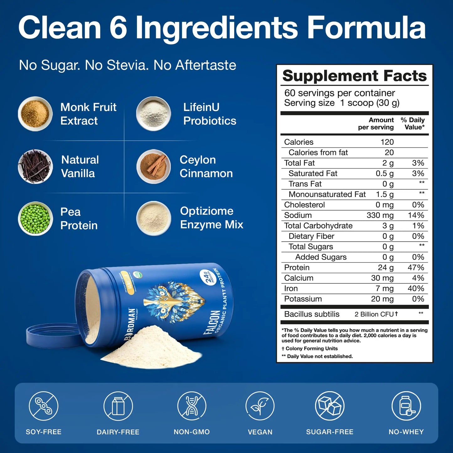 BIRDMAN Falcon Organic Vegan Protein Powder Vanilla, 24g Protein, Sugar Free, Probiotics, Low Carb, Keto Friendly, Dairy Free, Lactose Free, Non Whey BIRDMAN