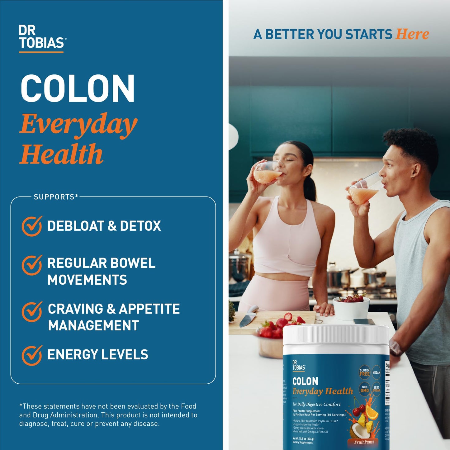 Dr. Tobias Colon Everyday Health - Gut Health for Women & Men - Psyllium Fiber Powder Drink with 4g Psyllium Husk Powder per Serving, Vegan, Gluten Free, Non-GMO, Strawberry Flavor, 60 Servings
