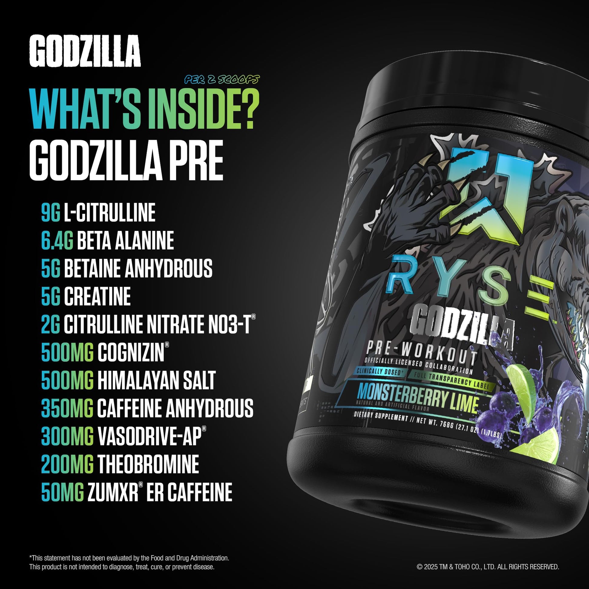RYSE Godzilla X Noel Deyzel Pre Workout Powder - Monsterberry Lime - 400mg Caffeine, High Stim Pre-Workout for Men & Women with Citrulline & Beta Alanine - Energy, Pump & Focus - 20/40 Servings RYSE Up Supplements buy australia supplements