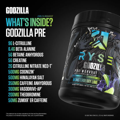 RYSE Godzilla X Noel Deyzel Pre Workout Powder - Monsterberry Lime - 400mg Caffeine, High Stim Pre-Workout for Men & Women with Citrulline & Beta Alanine - Energy, Pump & Focus - 20/40 Servings RYSE Up Supplements