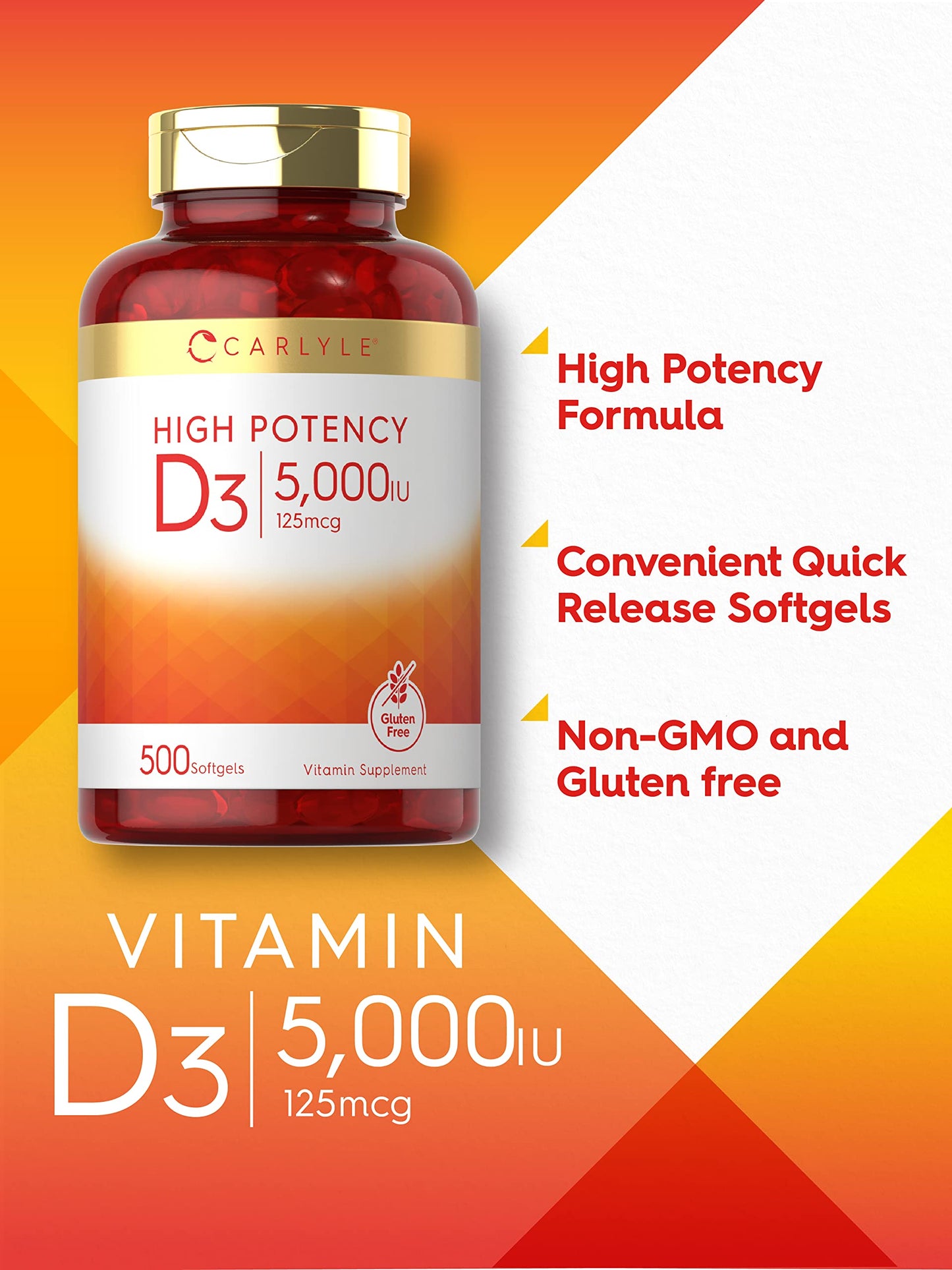 Carlyle Vitamin D3 5000 IU Softgels | 500 Count | Value Size | Non-GMO and Gluten Free Supplement | High Potency Formula | 125mcg Carlyle