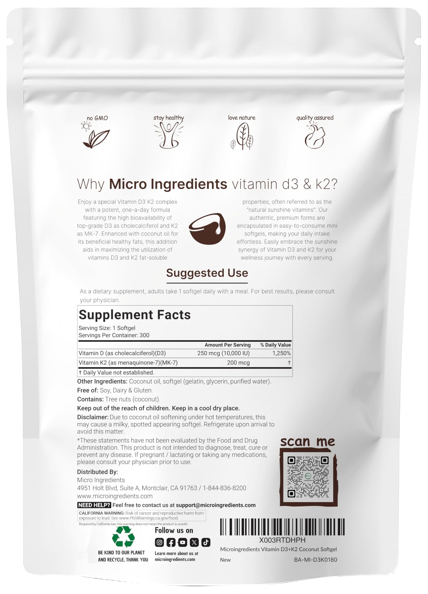 Micro Ingredients Vitamin D3 10,000 IU + K2 MK-7 200 mcg, 300 Softgels with Virgin Coconut Oil | 2-in-1 Vitamins D & K Complex Micro Ingredients