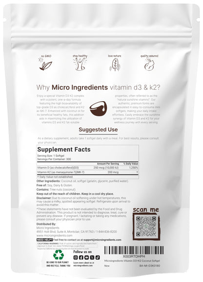 Micro Ingredients Vitamin D3 10,000 IU + K2 MK-7 200 mcg, 300 Softgels with Virgin Coconut Oil | 2-in-1 Vitamins D & K Complex Micro Ingredients