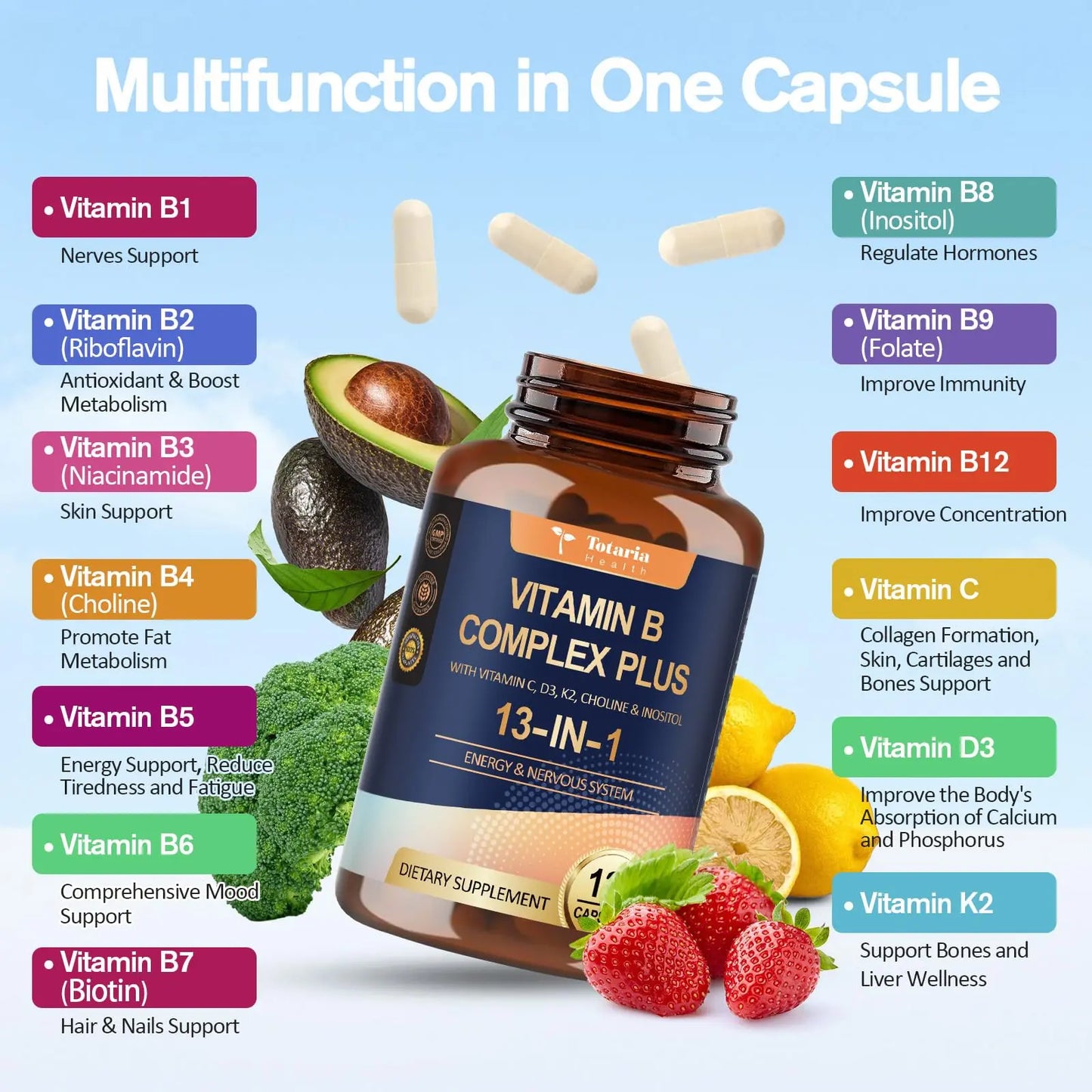 13-in-1 Vitamin B Complex Plus with Vitamin B1, B2, B3 (Niacinamide), B4, B5, B6, B7 (Biotin), B8 (Inositol), B9 (Folate), B12, C, D3, K2 - Energy, Nerve, Totaria