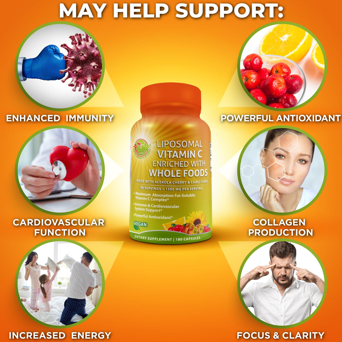Liposomal Vitamin C Capsules - 1500mg - Made with Organic Acerola Cherries & Camu Camu, High Potency Vitamin C Liposomal - Immune Support Supplement SUPPLEMENTS STUDIO
