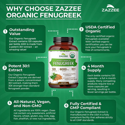 Zazzee USDA Organic Fenugreek 30:1 Extract, 120 Capsules, 4 Month Supply | Vegan, Breastfeeding & Lactation Support for Nursing Mothers, Organic Herbal Supplement, All-Natural, Non-GMO, Made in USA Gsupps Australia
