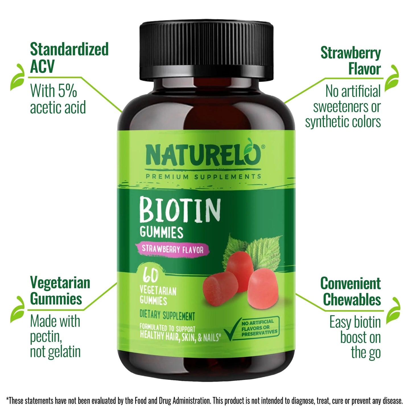 NATURELO Biotin Gummies - Supports Healthy Hair, Skin & Nails - High Potency 2500 mcg - Non GMO, Gluten Free - 60 Gummies NATURELO