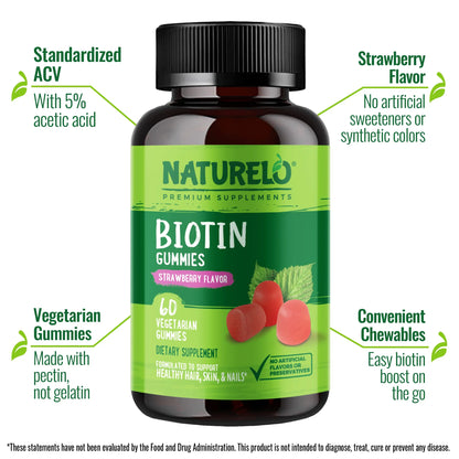 NATURELO Biotin Gummies - Supports Healthy Hair, Skin & Nails - High Potency 2500 mcg - Non GMO, Gluten Free - 60 Gummies NATURELO