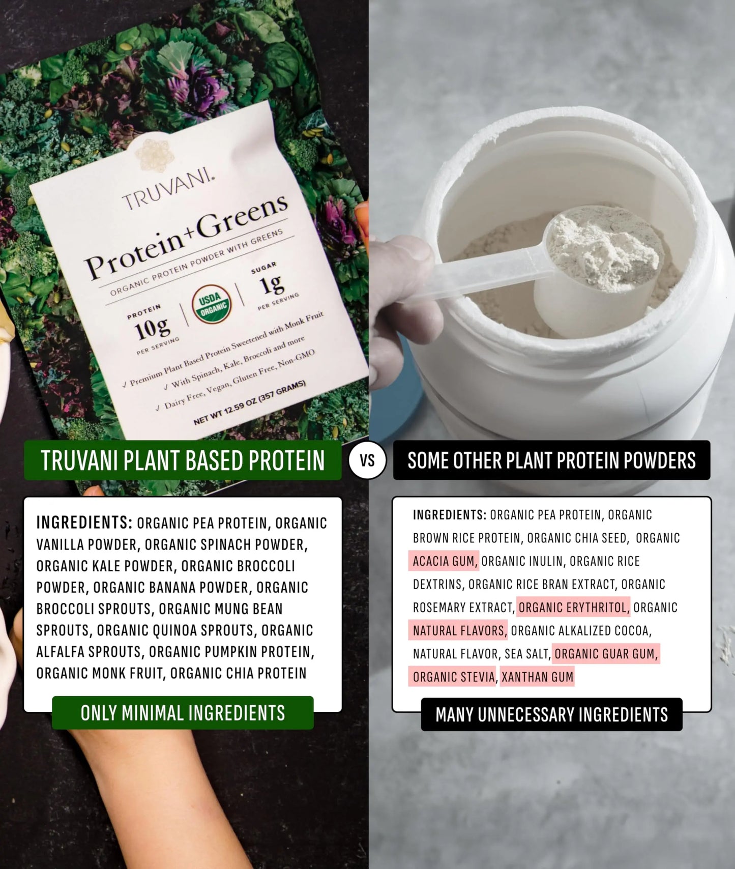 Truvani Protein + Greens Supplement | Spinach, Kale & Broccoli | 10g Organic Plant Based Protein | 20 Servings | USDA Organic | Gluten & Dairy Free Truvani