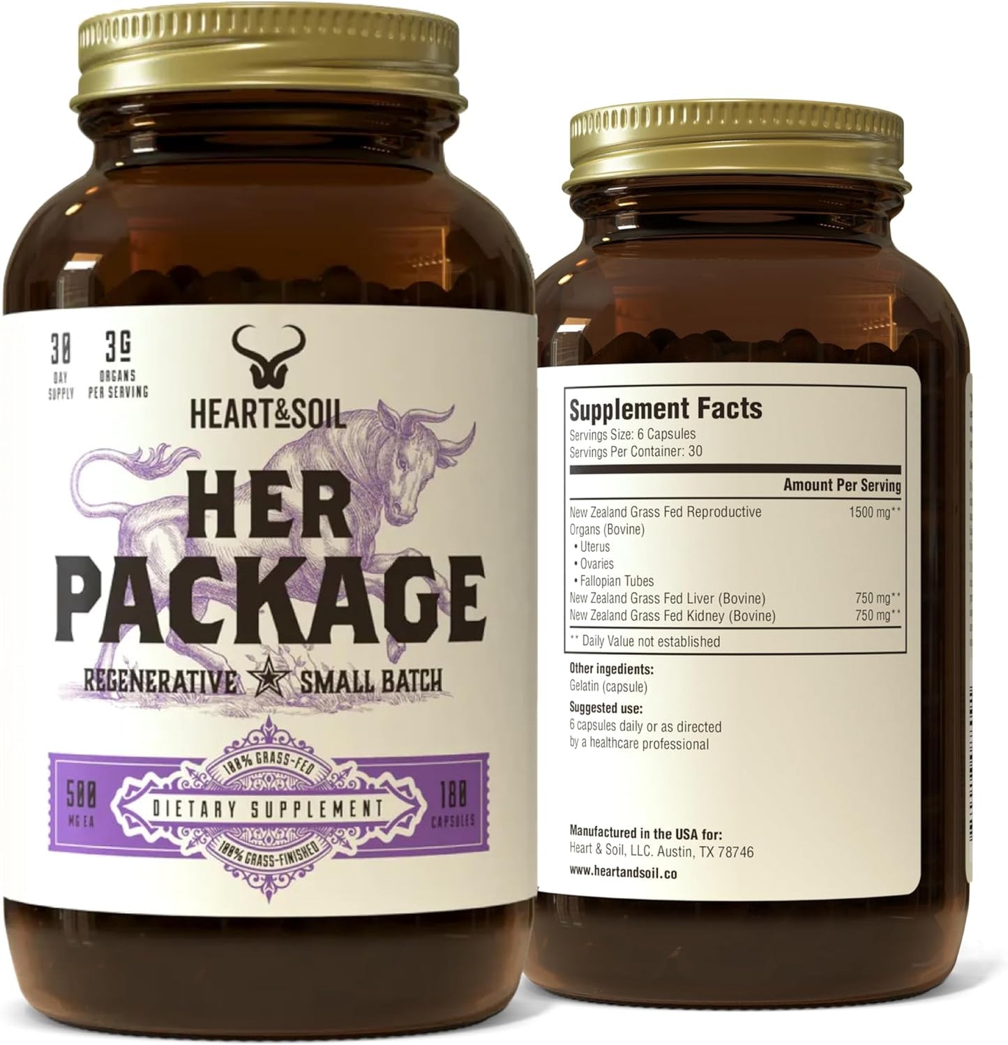 HEART & SOIL – Her Package – 100% Grass Fed & Finished Ovary, Uterus, Liver, & Kidney – Helps Maintain Hormone Balance & Reproductive Wellness - Menstrual & Menopause Support – 180 Capsules