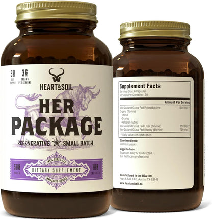 HEART & SOIL – Her Package – 100% Grass Fed & Finished Ovary, Uterus, Liver, & Kidney – Helps Maintain Hormone Balance & Reproductive Wellness - Menstrual & Menopause Support – 180 Capsules