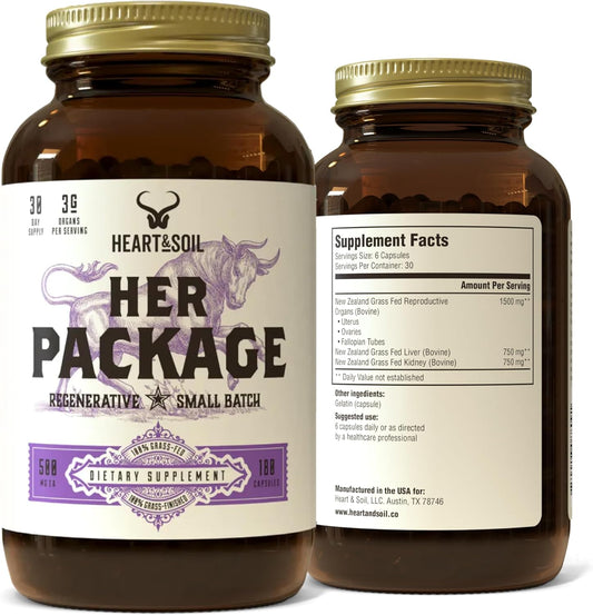 HEART & SOIL – Her Package – 100% Grass Fed & Finished Ovary, Uterus, Liver, & Kidney – Helps Maintain Hormone Balance & Reproductive Wellness - Menstrual & Menopause Support – 180 Capsules