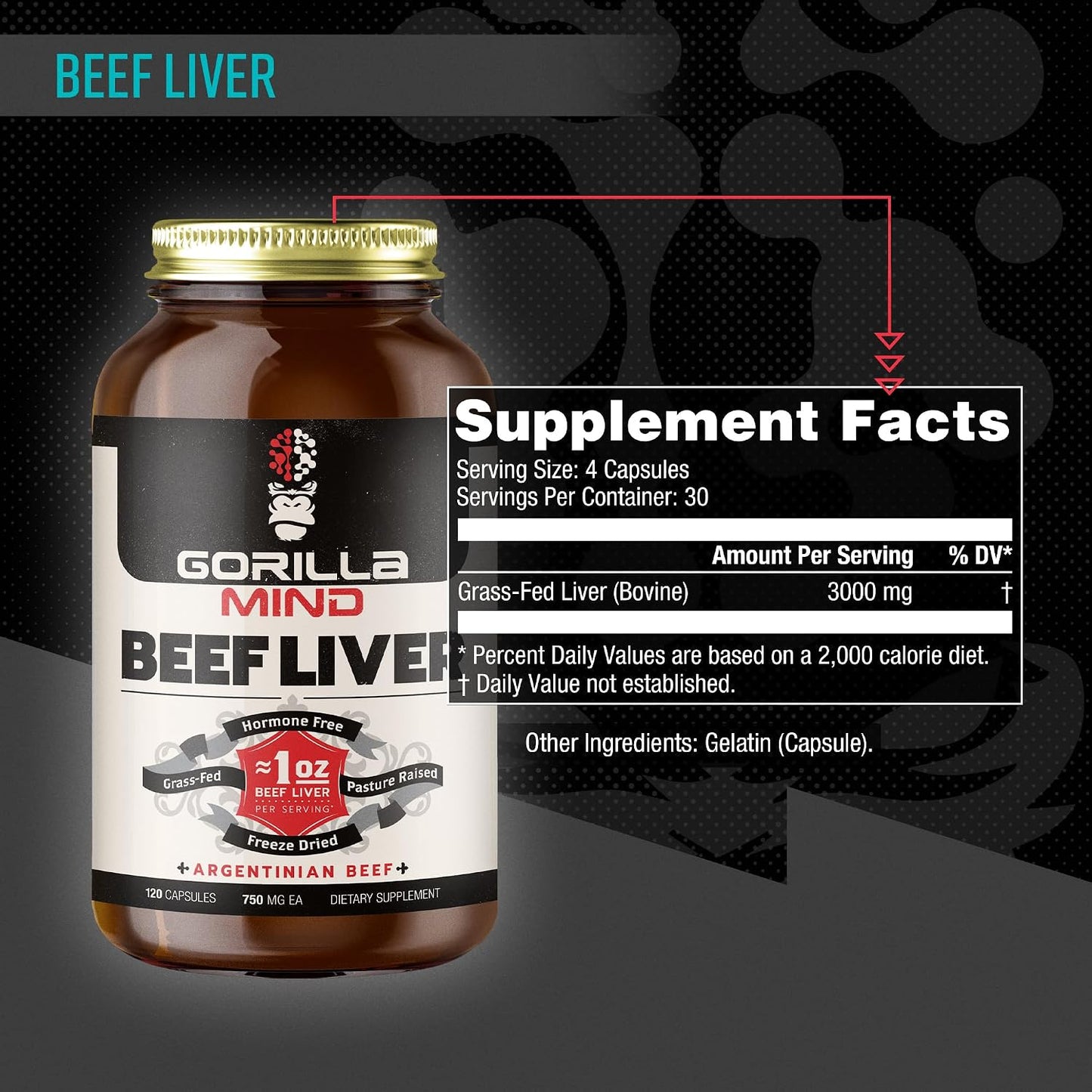 Gorilla Mind Grass-Fed Argentinian Beef Liver - Nature’s Multivitamin/Beef Liver Supplement in Freeze Dried Capsules/Pasture Raised/Hormone Free/1 Oz