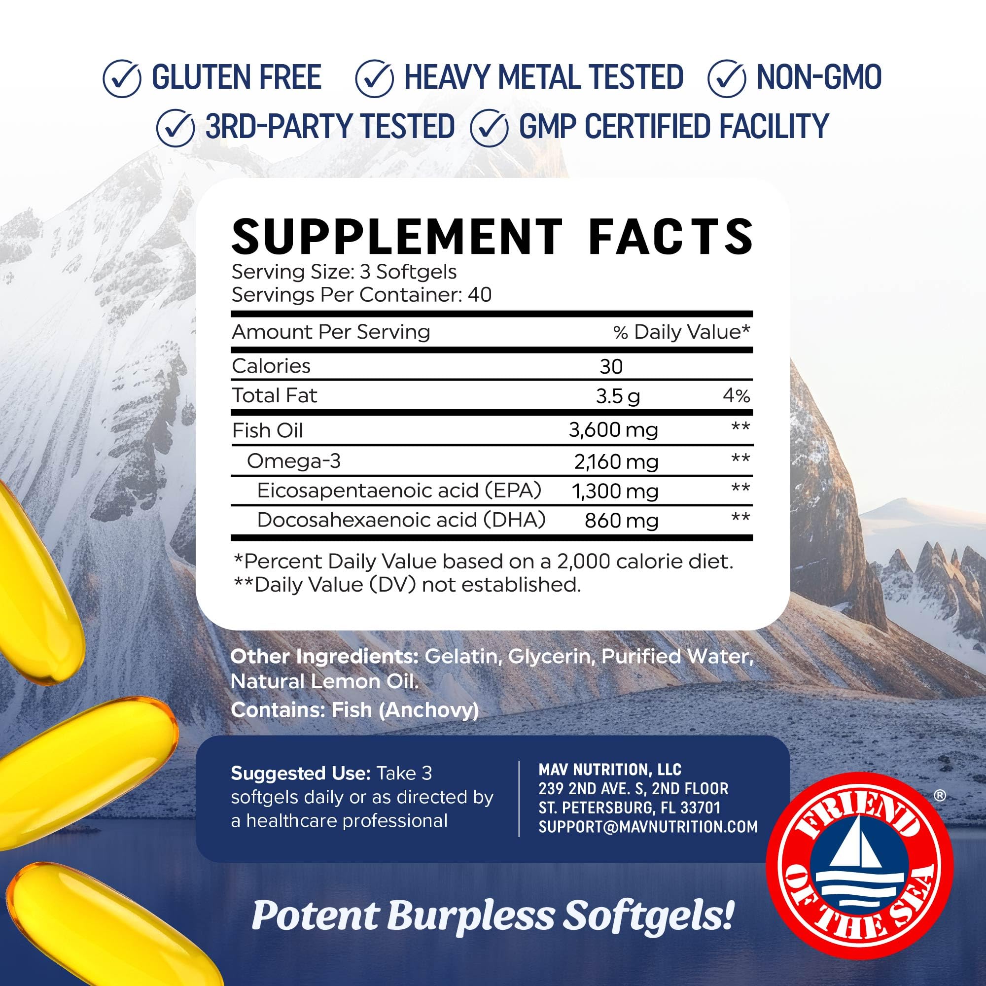 Triple Strength Omega 3 Fish Oil 3600 mg | EPA & DHA | Over 2100mg Omega-3 Fatty Acids | 1300mg EPA + 860mg DHA | Best Essential Fatty Acids | Premium Wild Caught & Burpless Fish Oil | 120 Ct MAV NUTRITION buy supplements Au