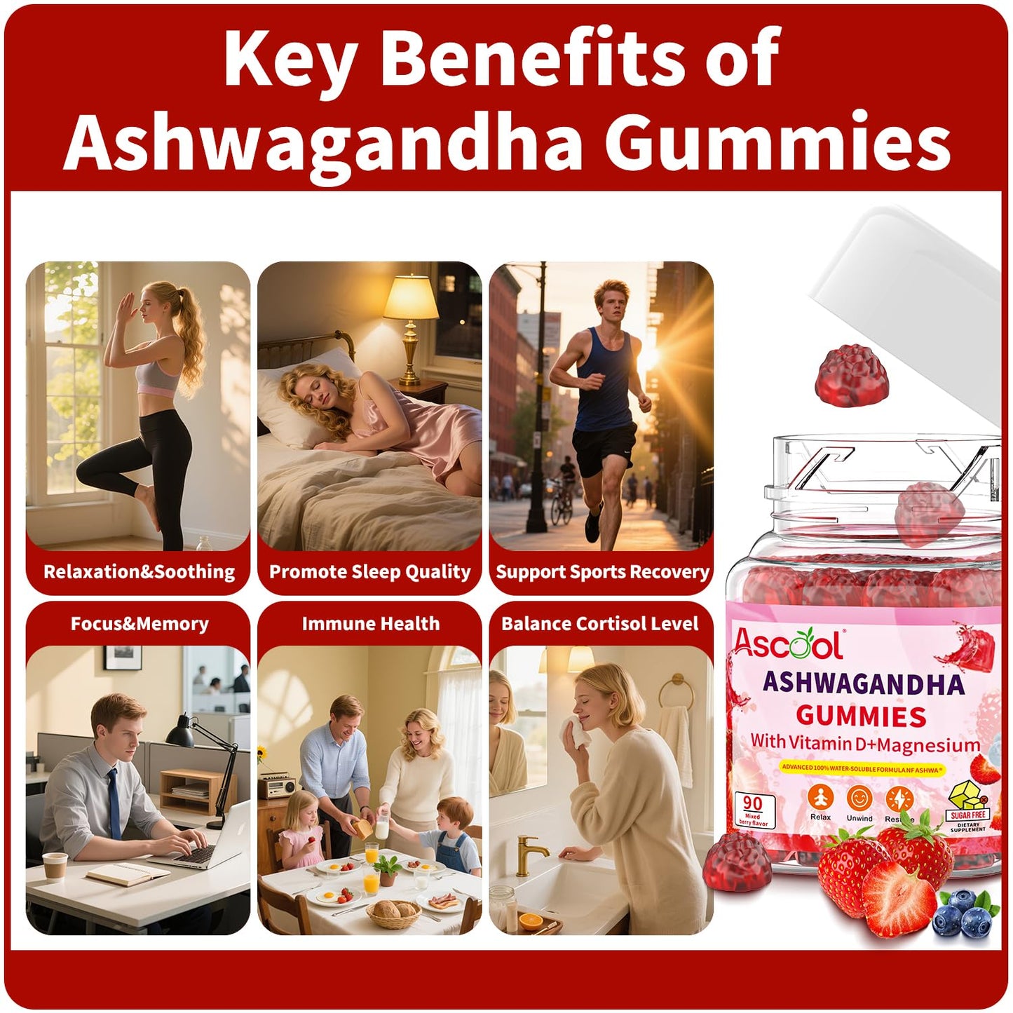 Ascool Ashwagandha Gummies for Stress Relief & Clam with Magnesium + Vitamin D – 90 Count Sugar-Free, Vegan Ashwa Supplements Ascool
