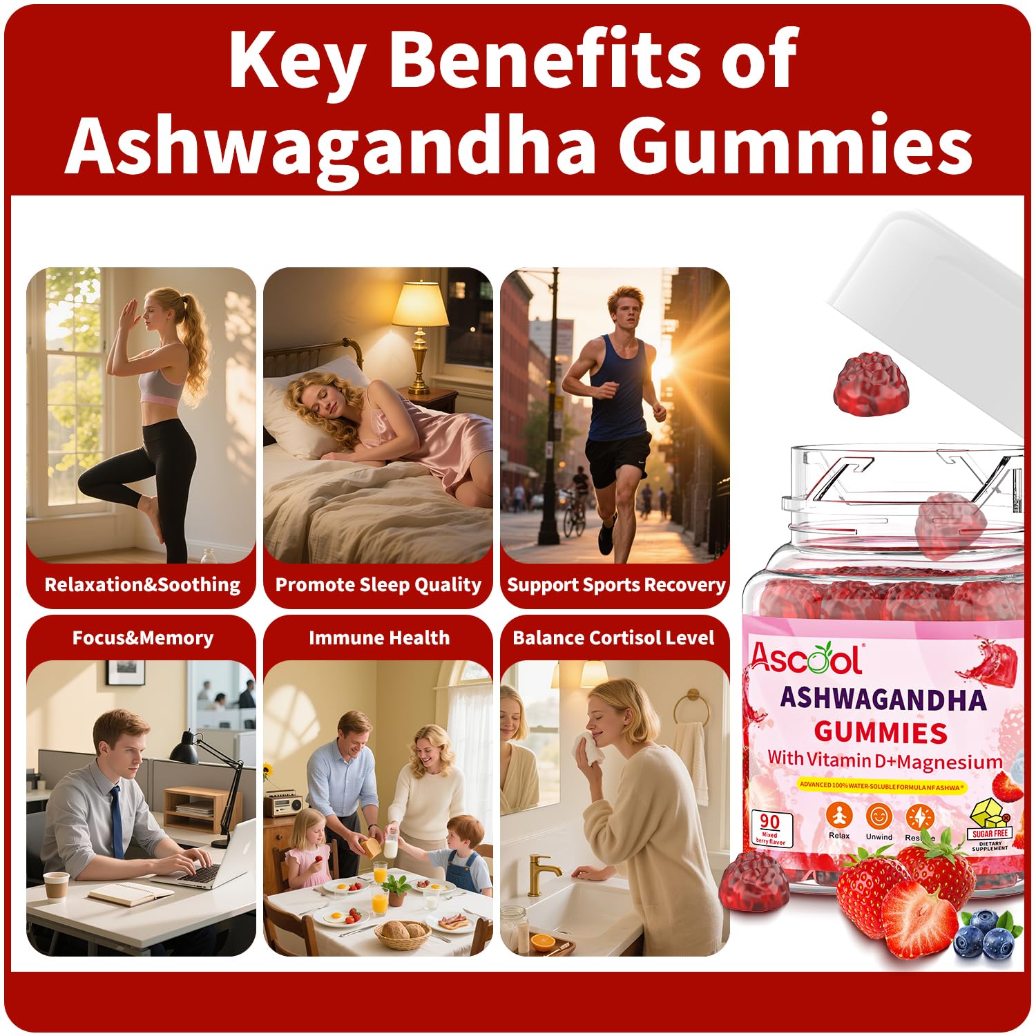 Ascool Ashwagandha Gummies for Stress Relief & Clam with Magnesium + Vitamin D – 90 Count Sugar-Free, Vegan Ashwa Supplements Ascool