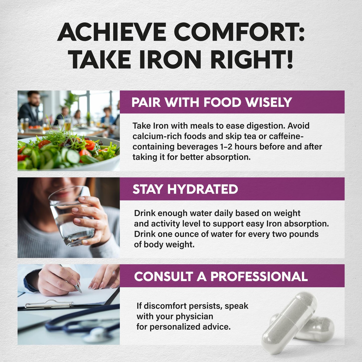 Iron Supplement for Women - Iron 65mg (Ferrous Sulfate 325mg) - Stomach Friendly | Slow Release Iron | High Absorption - Vitamins C, D3, B6, B12 & Folate NUTRAHARMONY