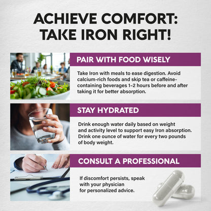 Iron Supplement for Women - Iron 65mg (Ferrous Sulfate 325mg) - Stomach Friendly | Slow Release Iron | High Absorption - Vitamins C, D3, B6, B12 & Folate NUTRAHARMONY
