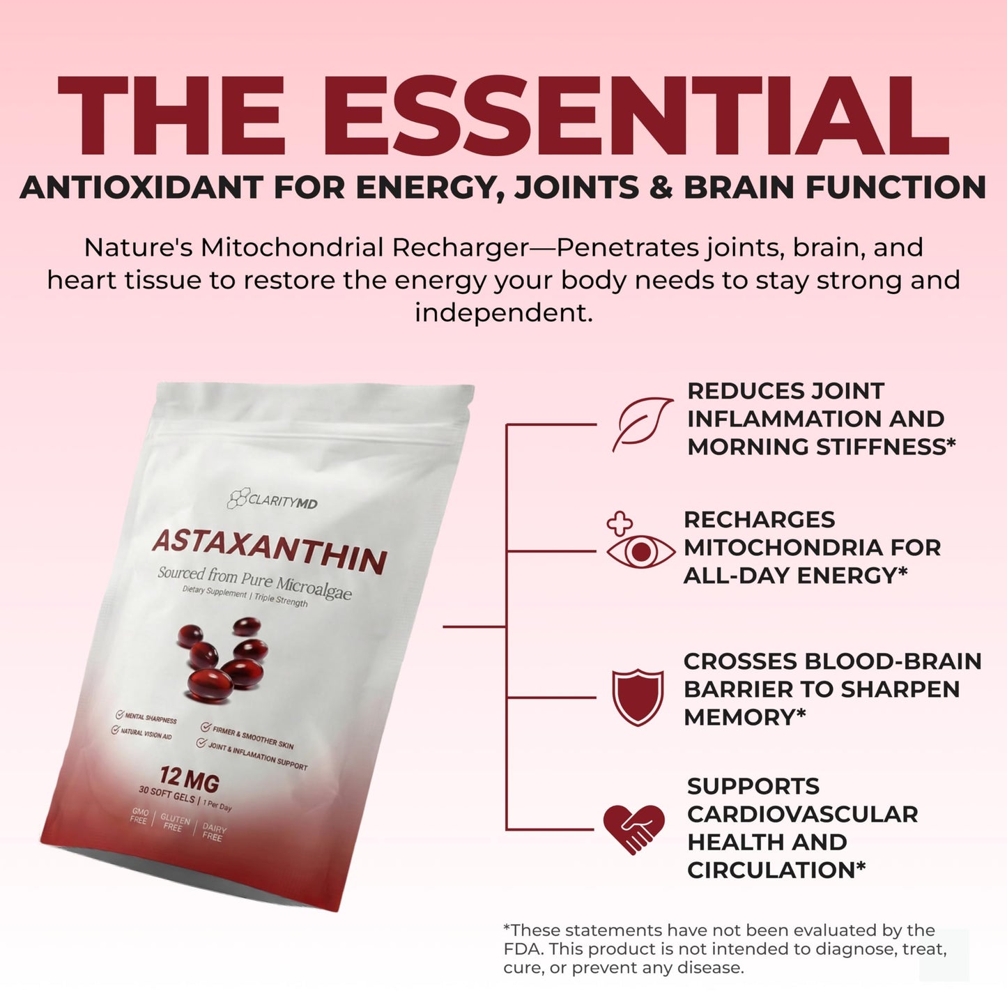ClarityMD Astaxanthin 12mg Antioxidants Supplement – Natural Microalgae Source – Lipid-Based Softgel for Enhanced Absorption – Cognitive ClarityMD