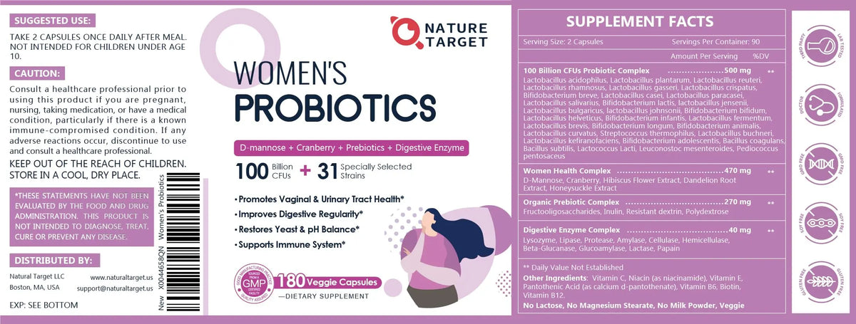 NATURE TARGET Probiotics for Women, 100 Billion CFUs Probiotic with Digestive Enzymes & Prebiotics, Vaginal Probiotics with Cranberry for Urinary Tract Health, NATURE TARGET