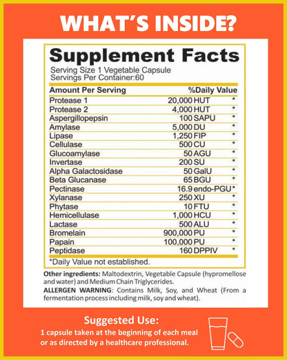 Potent Garden Digestive Enzymes -18 Plant Based Enzymes with amylase lipase bromelain Protease lactase & Other Enzymes - One Pre Meal Pill Supports Healthy Potent Garden