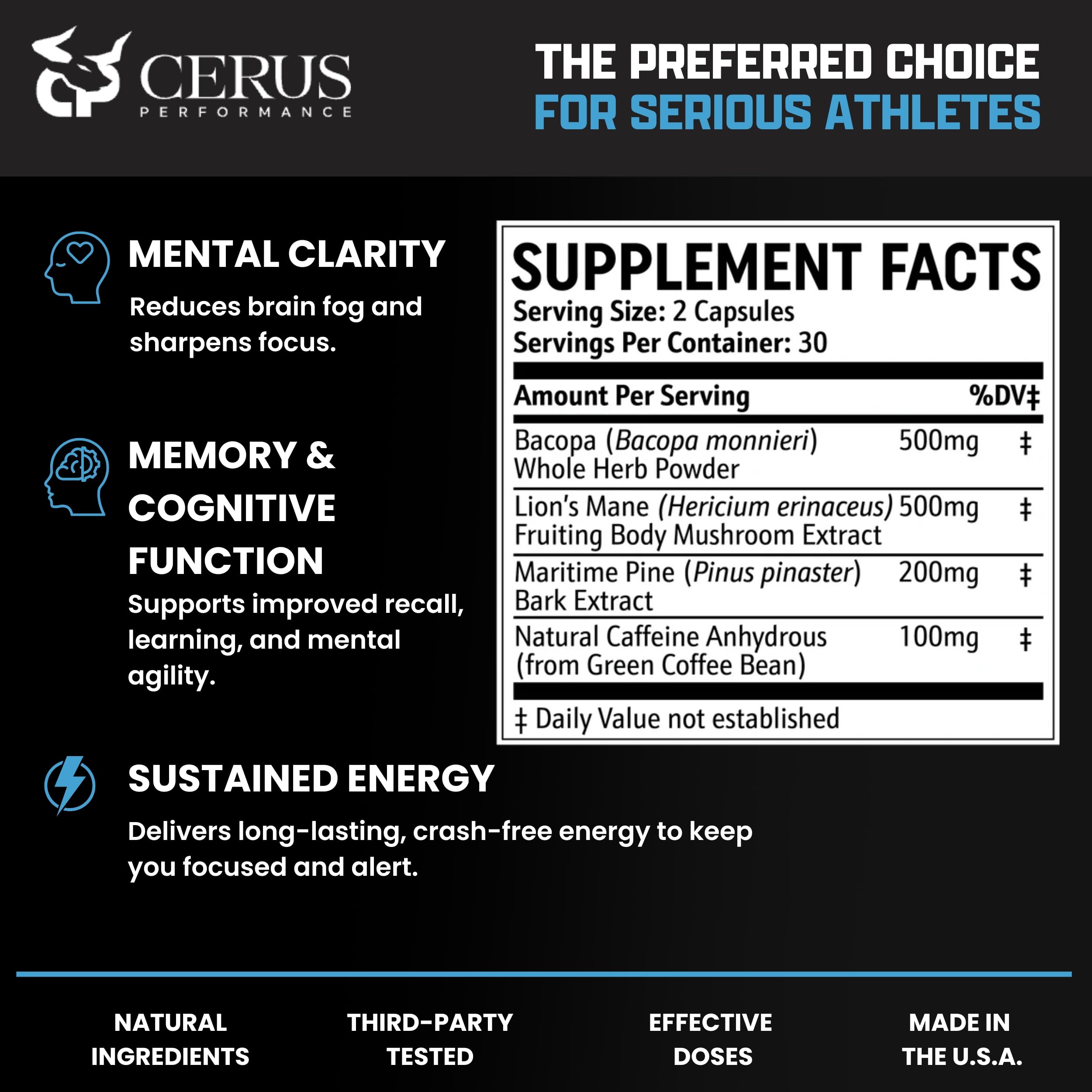 Cerus Performance Focus Nootropic Supplement - Enhances Mental Clarity, Boosts Memory & Cognitive Function, Improves Alertness - Ideal for Athletes & Fitness Enthusiasts - 60 Capsules Cerus buy australia supplements
