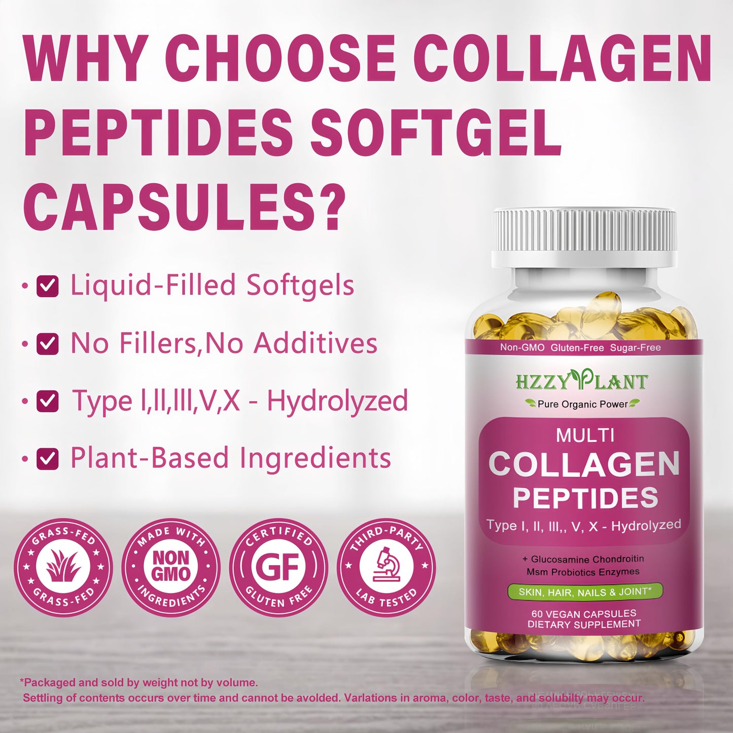 Multi Collagen Peptides Softgel - Type I, II, III, V, X - Hydrolyzed Collagen Peptides with Biotin Vitamin C Hyaluronic Acid for Women & Men, Supports Skin Hair Nail & Joint, Non-GMO, 60 Servings HZZYPLANT