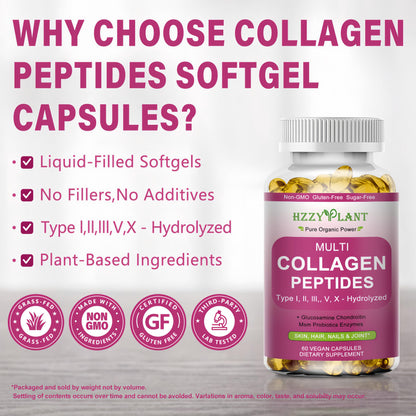 Multi Collagen Peptides Softgel - Type I, II, III, V, X - Hydrolyzed Collagen Peptides with Biotin Vitamin C Hyaluronic Acid for Women & Men, Supports Skin Hair Nail & Joint, Non-GMO, 60 Servings HZZYPLANT