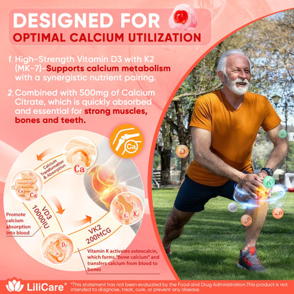 Vitamin D3 K2 Gummies 5000IU / 10,000 IU with 500mg Calcium + K2(MK-7) 200mcg, Magnesium, Vitamin C & Zinc, Extra Strength - Ultimate Absorbency for Bones LILICARE