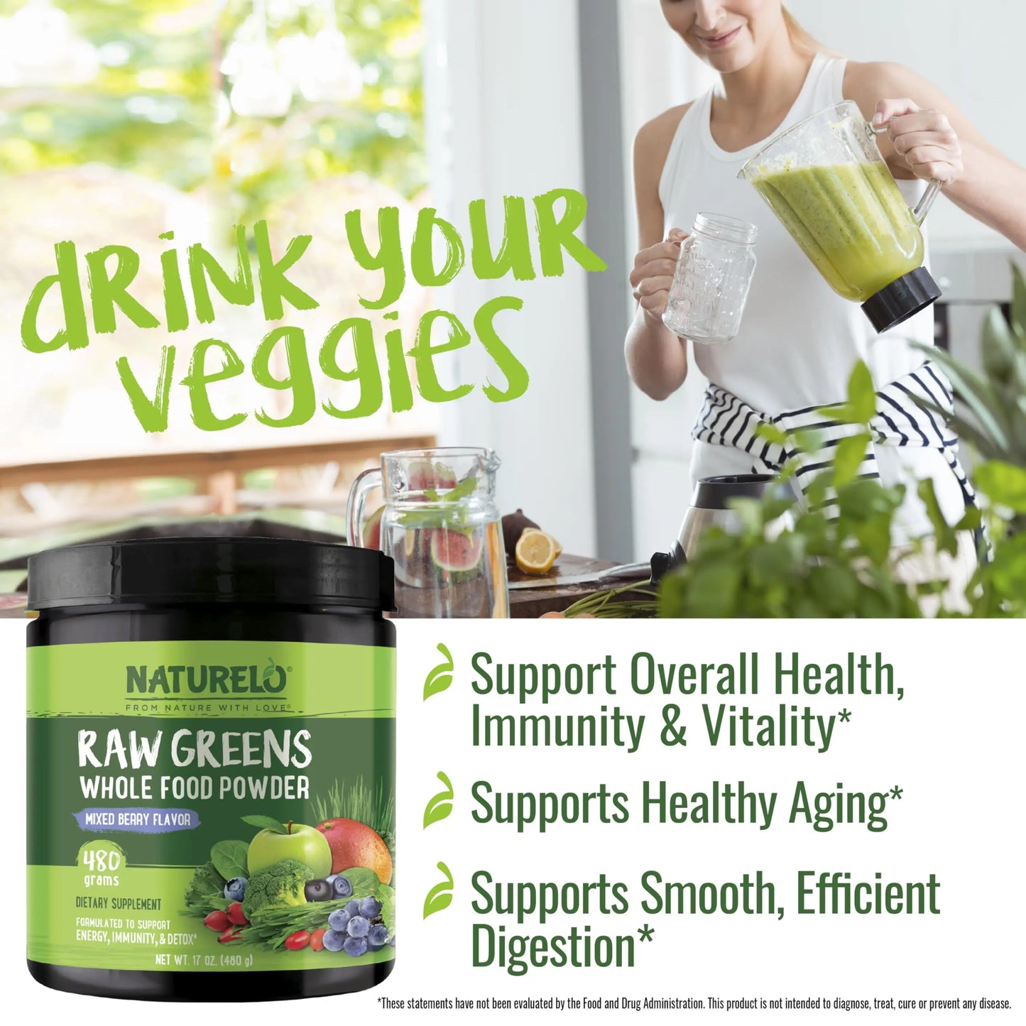 NATURELO Raw Greens Superfood Powder 480 Grams, Mixed Berry - Supports Energy, Immunity and Detox - Includes Spirulina, Wheat Grass and Organic NATURELO