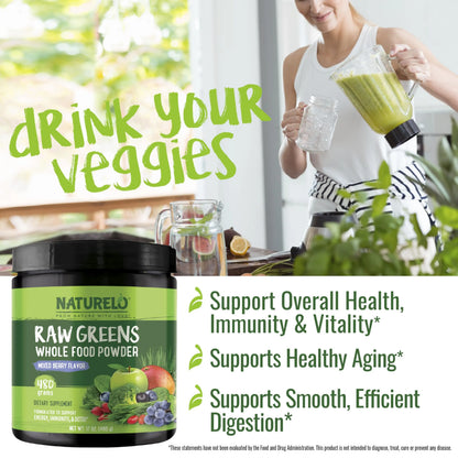 NATURELO Raw Greens Superfood Powder 480 Grams, Mixed Berry - Supports Energy, Immunity and Detox - Includes Spirulina, Wheat Grass and Organic NATURELO
