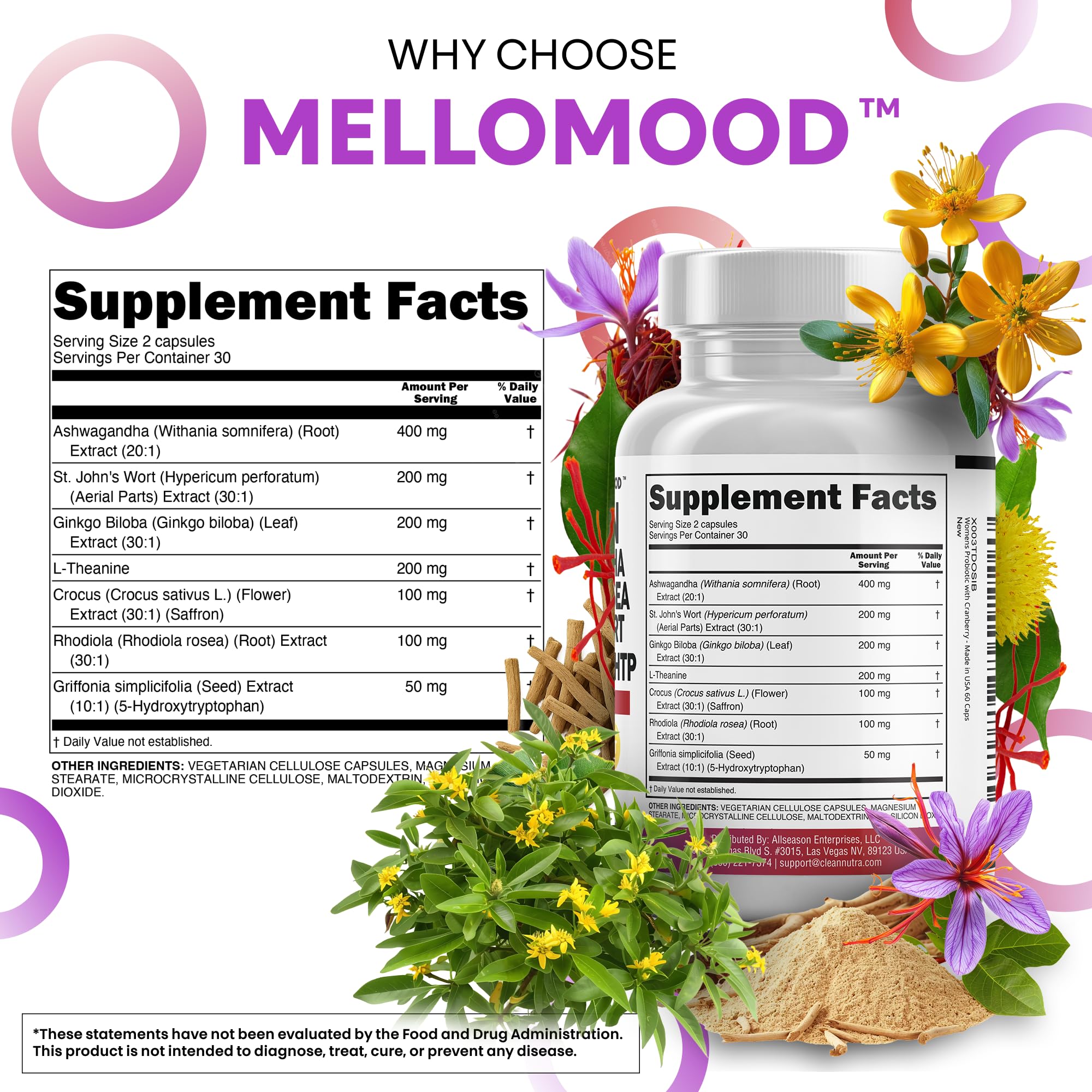 Clean Nutraceuticals Saffron Supplements Extract 100mg + Ashwagandha L-Theanine 200mg - Mood Support Ginkgo Biloba, St. John's Wort, Rhodiola Rosea & 5-HTP Capsules Pills Men Women Clean Nutraceuticals buy australia supplements
