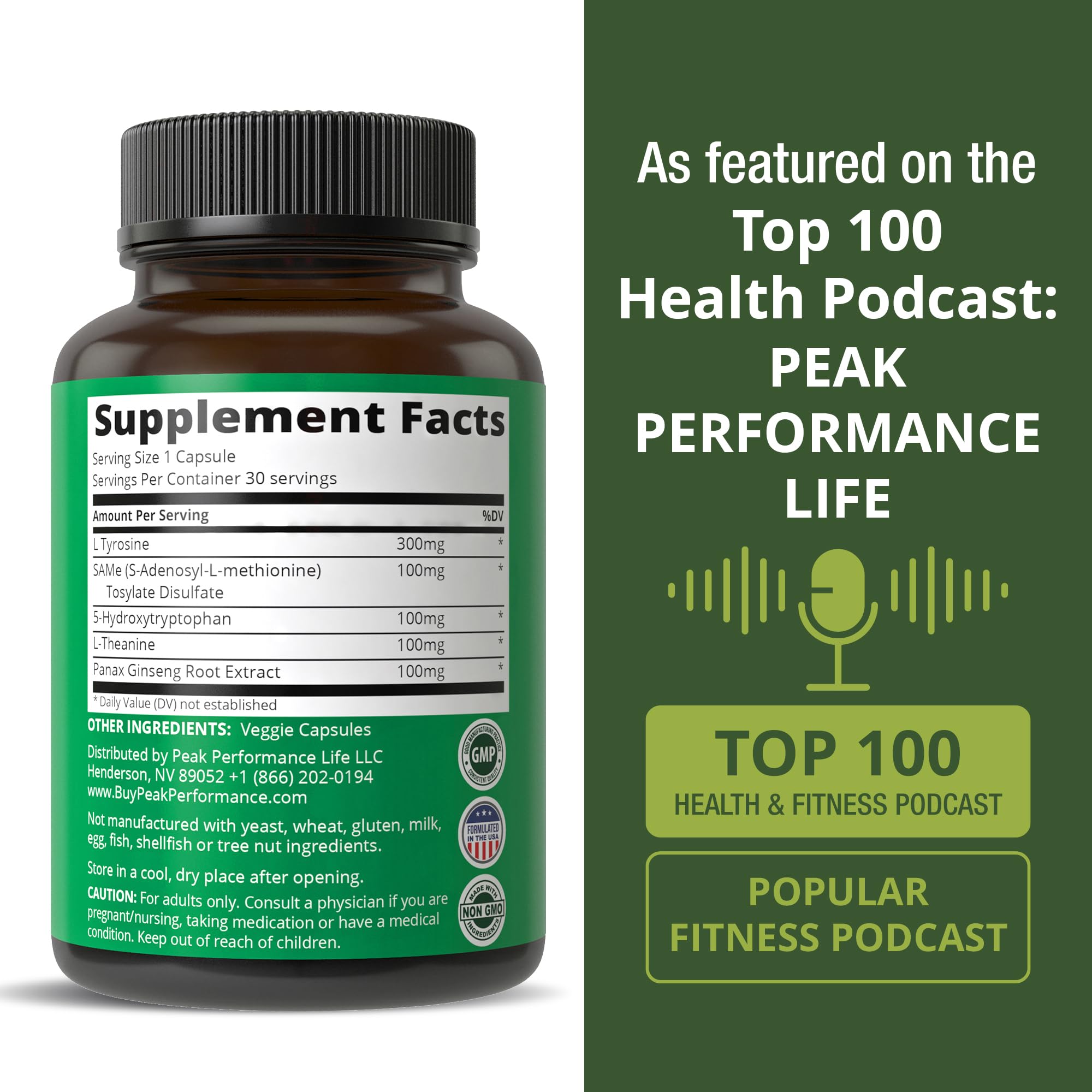 Peak Performance Mood Support Supplement with 5 Top Ingredients: 5HTP, SAM e, L Tyrosine, L Theanine, and Panax Ginseng. Calm, Focus, Relaxation Supplements. Vegan Peak Performance buy australia supplements
