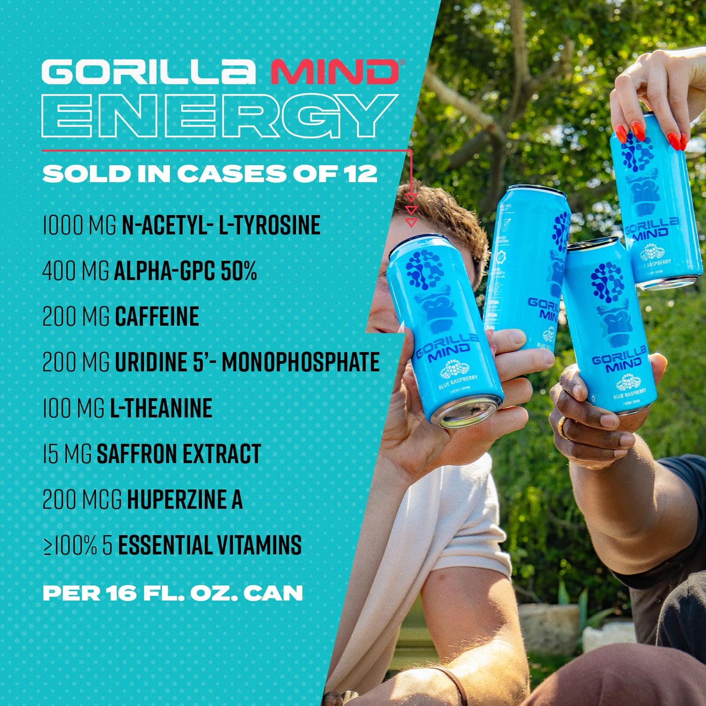 Gorilla Mind Energy Drink | Unmatched Energy · Amplified Focus | N-Acetyl-L-Tyrosine, Alpha-GPC, 200mg Caffeine, Uridine, Saffron | 0 Sugar Or Artificial Colors | 16oz, 12-Pack (Black Cherry Vanilla)