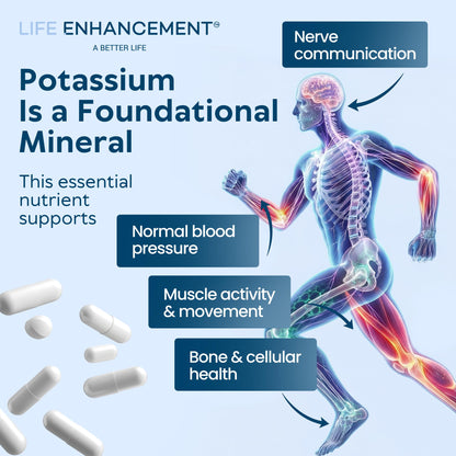 Life Enhancement High Potency 1020 mg Potassium Supplement for Muscle, Brain & Bone Health - No Additives High Absorption Elemental Potassium Supplement Life Enhancement