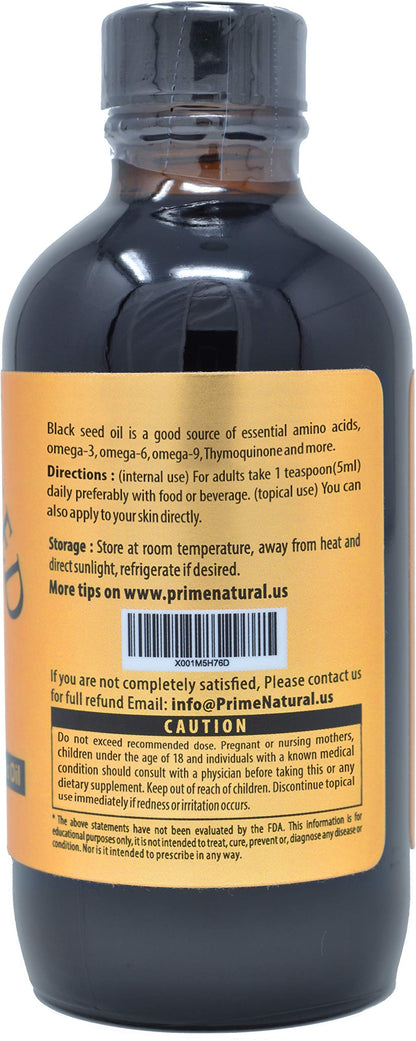 Prime Natural Organic Black Seed Oil 4oz - Cold Pressed Unrefined High Thymoquinone 1.7% USDA Certified - Turkish Origin Potent Nigella Sativa Liquid PRIME NATURAL