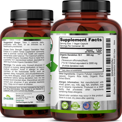 Zazzee USDA Organic Dandelion Root 10:1 Extract, 120 Capsules | 4 Month Supply, Liver & Detox Support, Taraxacum Officinale, Organic Herbal Supplement, All-Natural, Non-GMO, Made in the USA Gsupps Australia