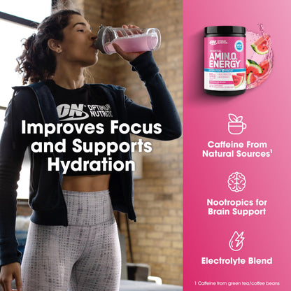 Optimum Nutrition Amino Energy Powder Plus Focus, with BCAA, Electrolytes, and Caffeine, Watermelon, 30 Servings (Packaging May Vary) Optimum Nutrition