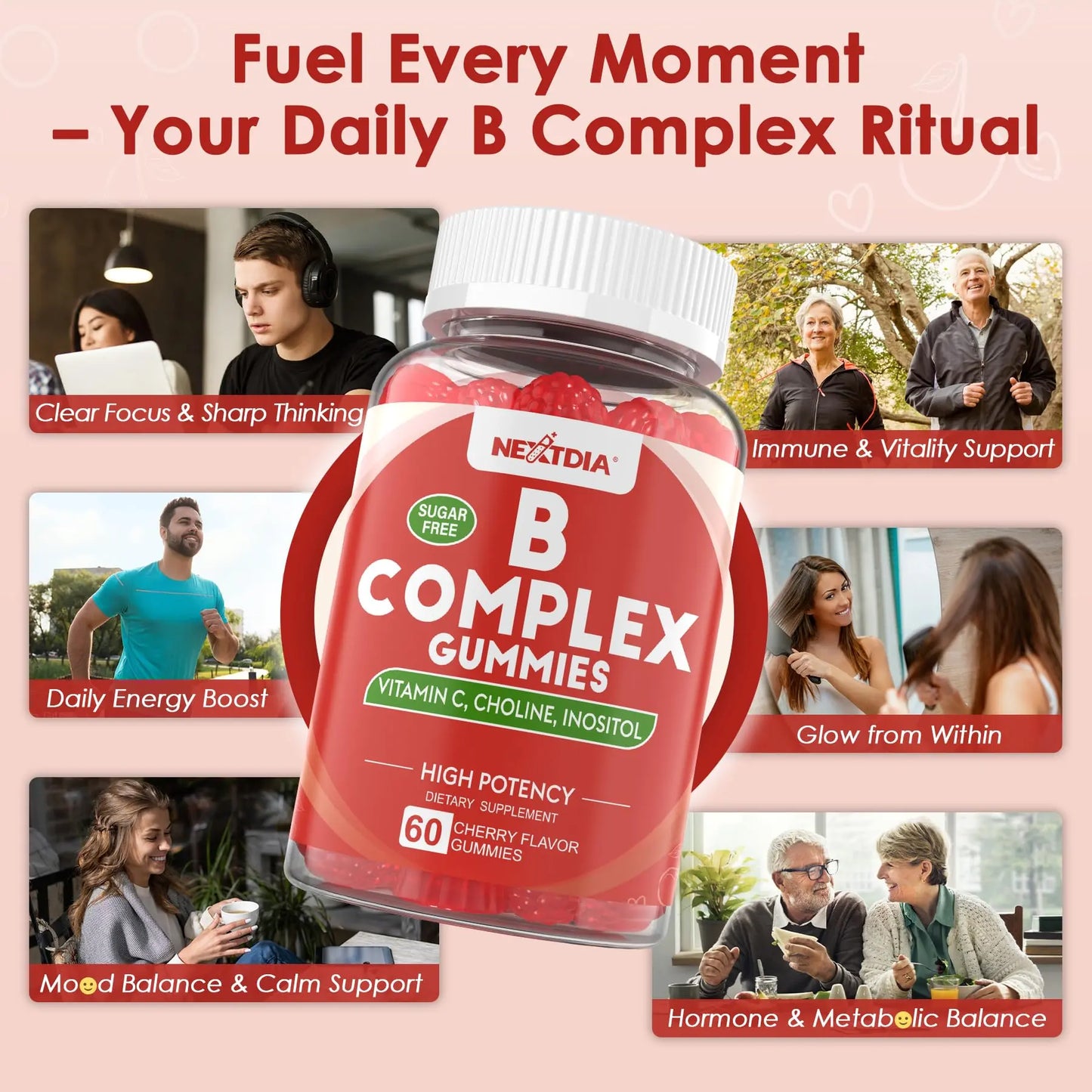 Methylated Vitamin B Complex Gummies 2 Pack, Methyl B12 & Folate with B1, B2, B3, B5, Biotin | Vitamin C, Zinc, Choline & Inositol – B Complex Supplement for Energy Nextdia
