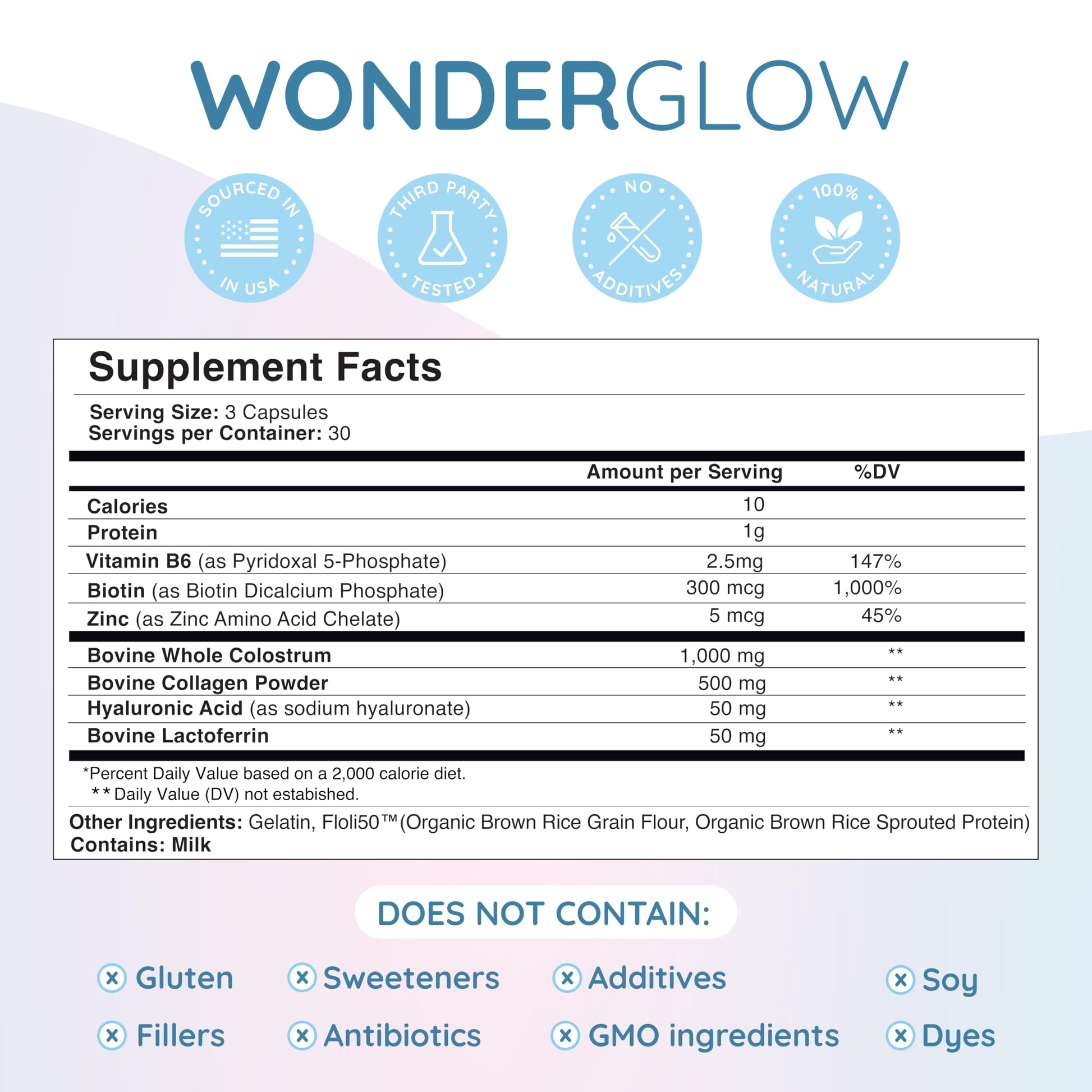 WONDERCOW Hair Skin and Nails Vitamins w/Bovine Colostrum, Collagen, Hyaluronic Acid, Biotin, Zinc, & Lactoferrin┃Supports Faster Hair Growth, Stronger Nails and Glowing Skin (30 Servings, Capsule) WONDERCOW buy australia supplements