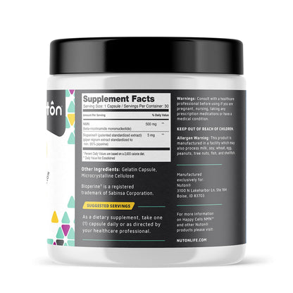 Nuton Happy Cells - NMN Supplement with Bioperine for Healthy Aging & Cellular Repair - NAD+ Supplement - Protects DNA, Promotes Skin Health & Brain Function Nuton