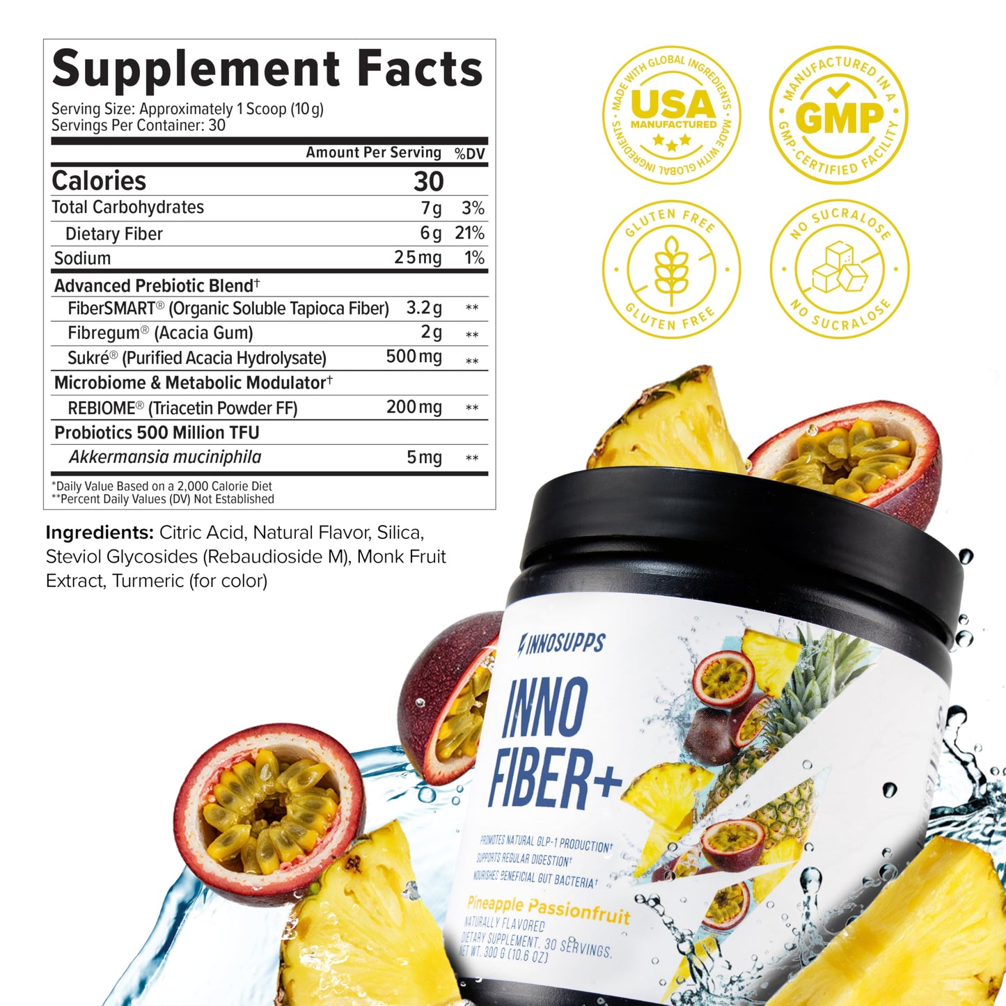 Inno Fiber+ 6g Daily 3-in-1 Fiber Supplement + Prebiotic, Probiotic, and Postbiotic for Men & Women, Supports Digestive Health, Gut Health, 30 Servings