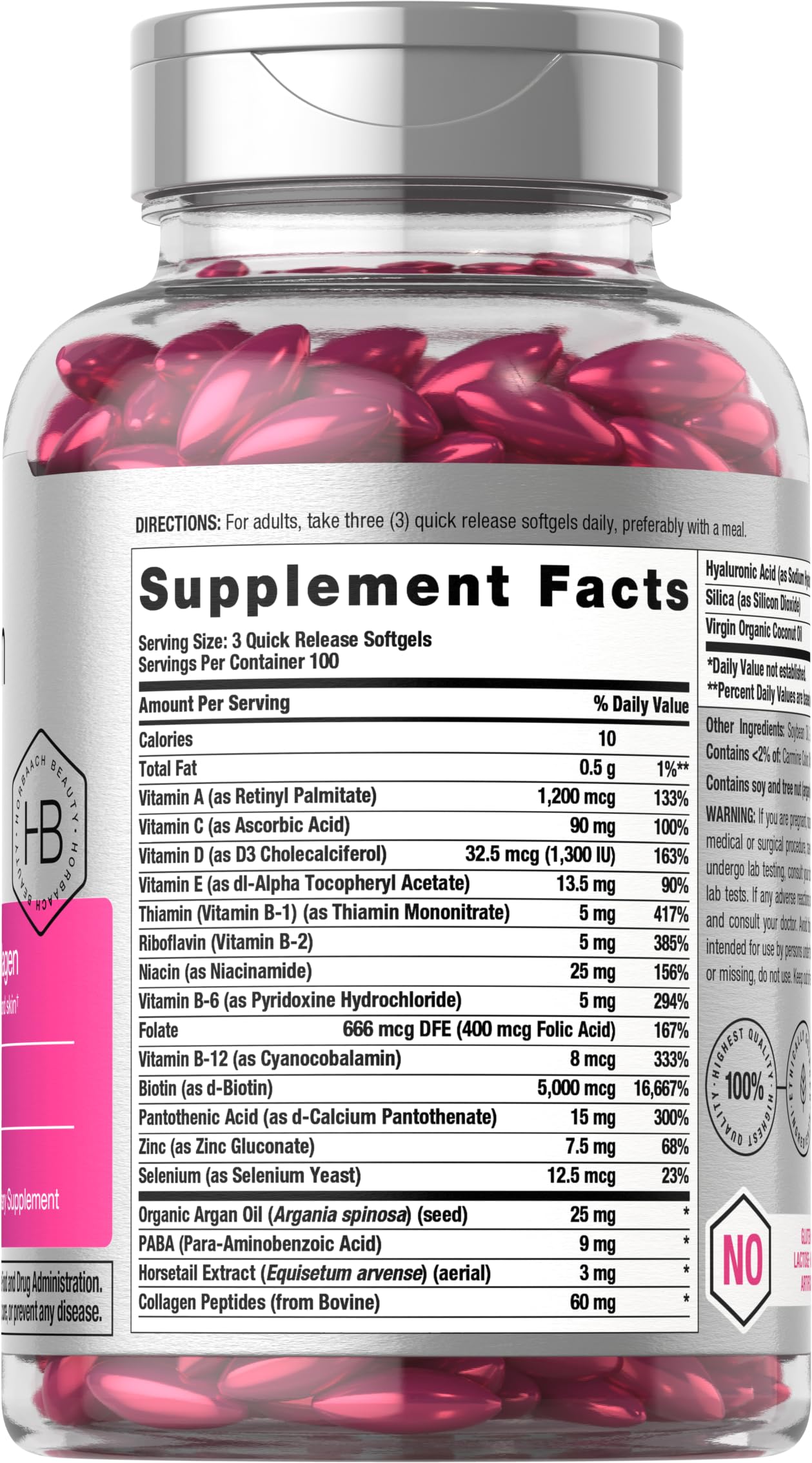Horbäach Hair Skin and Nails Vitamins | 300 Softgels | with Biotin and Collagen | Infused with Argan Oil and Coconut Oil Horbäach