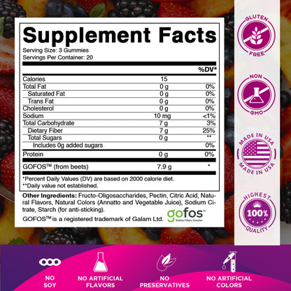 Vitamatic Prebiotic Fiber Gummies for Adults – 2 Pack (Total 120 Gummies) 7g Fiber per Serving | Extra Strength | Zero Sugar Added | Pectin-Based Vitamatic